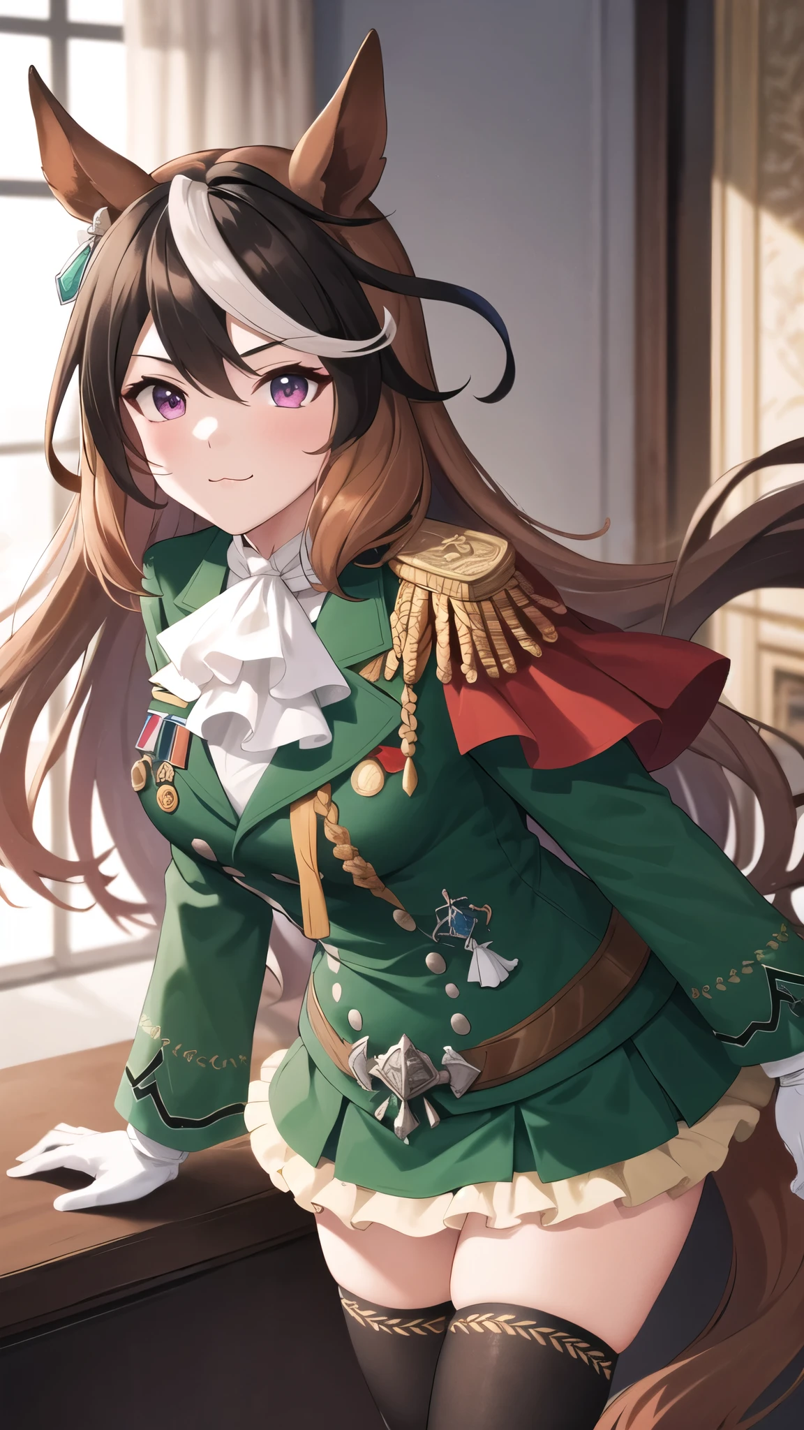 masterpiece, best quality, highres, hmsymbo, 1girl, animal ears, streaked hair, horse tail, white gloves, black thighhighs, white ascot, red cape, single epaulette, long sleeves, green jacket, frills, medal, jewelry, green skirt, buttons, <lora:symboli rudolf_v2:0.7>, cowboy shot, standing,