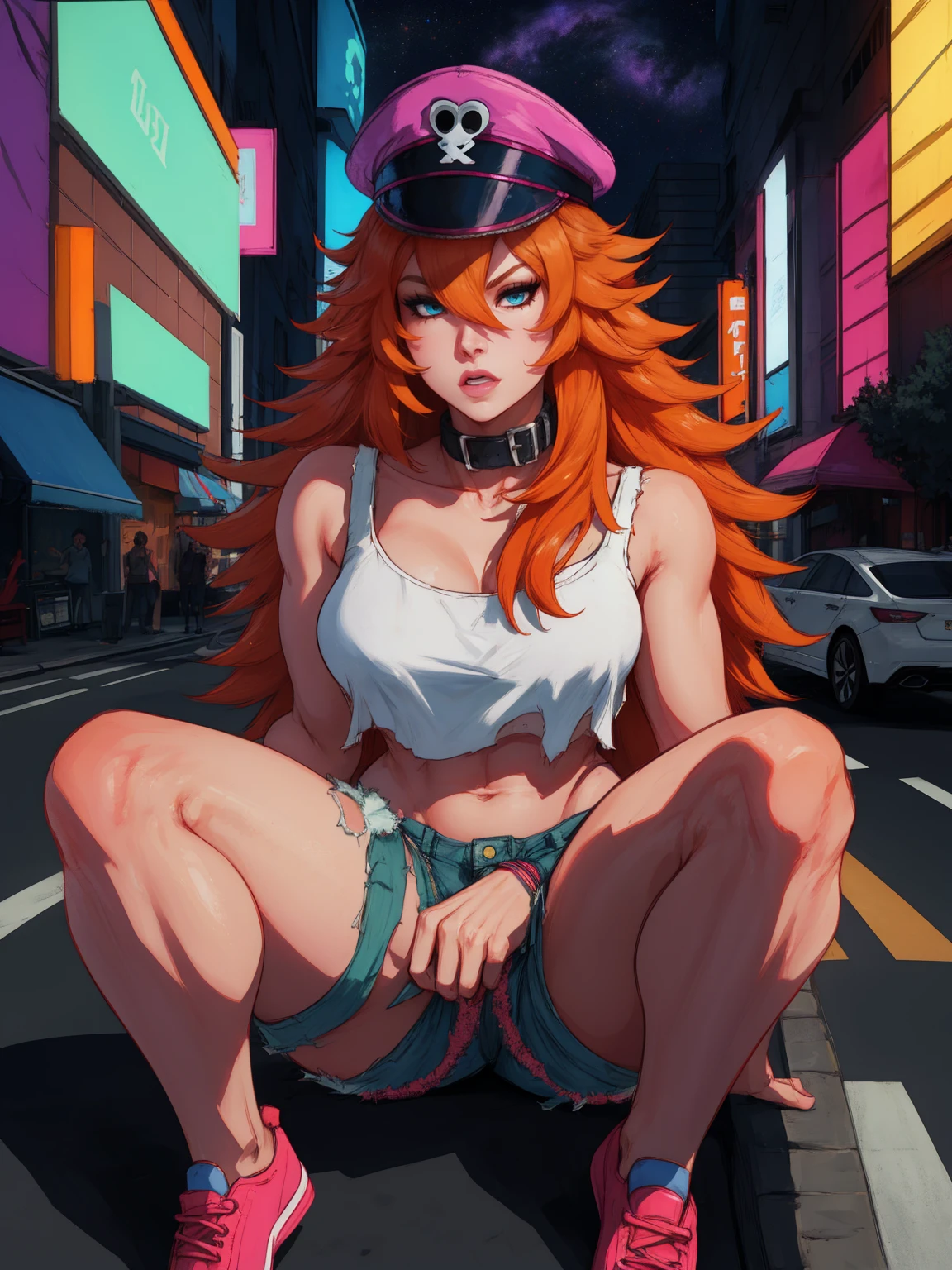 roxy,orange hair,blue eyes,long hair,white crop top,collar,short shorts, peaked cap, upper body,walking, nice shoes,looking at viewer, night,neon lights,streets, (insanely detailed, masterpiece, best quality),solo, sitting on car