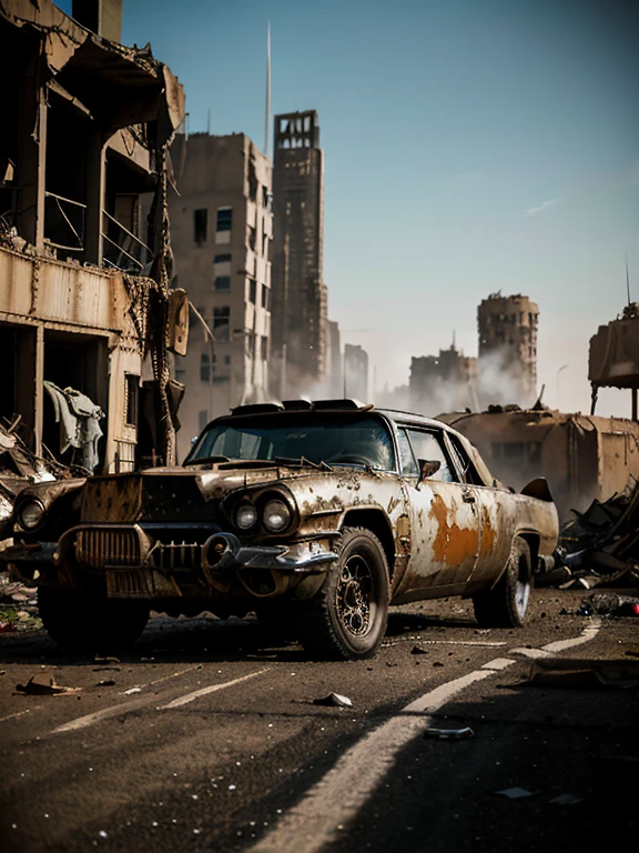 Create a diagonal and faithful image of a sad girl with torn and dirty clothes in the style of 1 madmax, leaning against an old rusty and dirty 1955 Cadillac Eldorado with METAL spikes on the hood, she is wearing an old gas mask, armored vehicle, there are MANY SPOTS AROUND the car body. WIDE AND THICK DUAL REAR WHEELS, wheels turned, front with a broken metal grate with several rusty spikes and bloodstained anti-zombie spikes; military style with modifications and protection with metal plates, tank style, broken and dirty headlights with grills, the car is driving down the street with several tall, cylindrical buildings in ruins in the center of the modern, ultra-futuristic post-apocalyptic American city of Manhattan, There are many tall buildings on the horizon and next to, there is rubble fallen from buildings in the street, steampunk car, dramatic art, art style dieselpunk, apocalyptic road warrior vibe, Surreal digital art, Mad Max Inspired, heavy metal artwork, chrome grille symmetry, arte steampunk digital, this&#39;It&#39;s not the Mad Max style, metal art, is not Filip Hodas; art style, steampunk digital art, dieselpunk, in a high-tech world, photo on the diagonal, High quality, 8k, extremely detailed, as realistic as possible, 4K, Ultra HD.