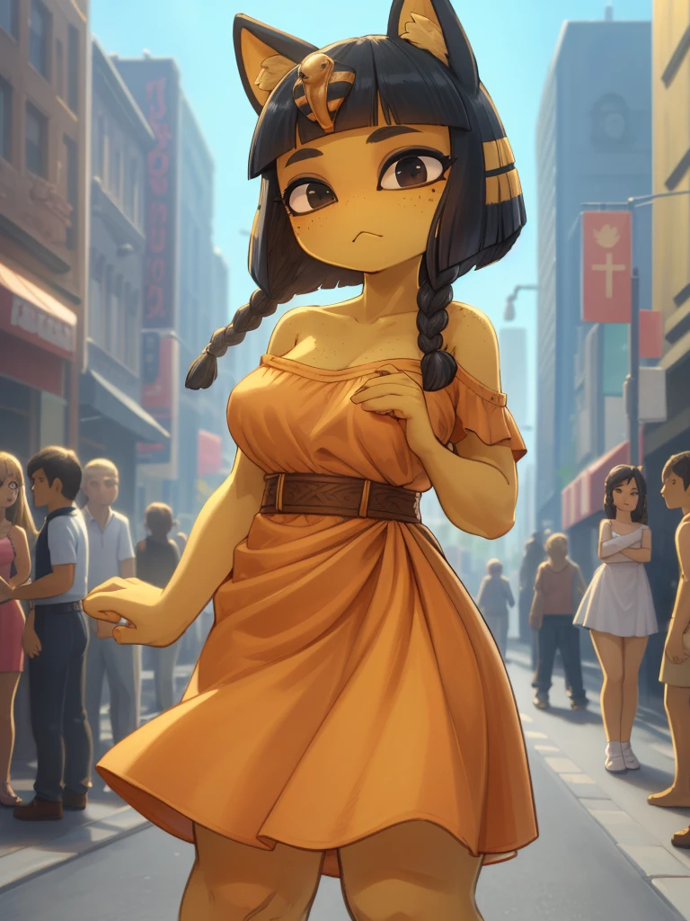 a young woman with braided bangs, an off-shoulder orange dress, posing with a dynamic expression on a street corner, surrounded by blurred background with crowds and people, bright day with beautiful detailed sky, soft lighting, wind blowing, shiny skin, freckles, mole under mouth, best quality, medium breasts, photorealistic