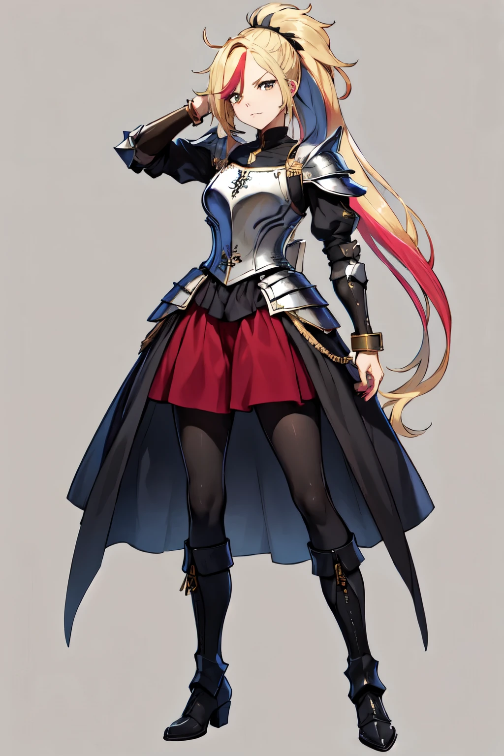 1 , Cabelo comprido, ultra long multicolored Franja, gorgeous, Cabelo loiro, long messy ponytail, shouder piece of armor, left bracelet, Short breastplate, long iron boots, cute pose, Alta resolução, Obra-prima, Melhor qualidade, simple background