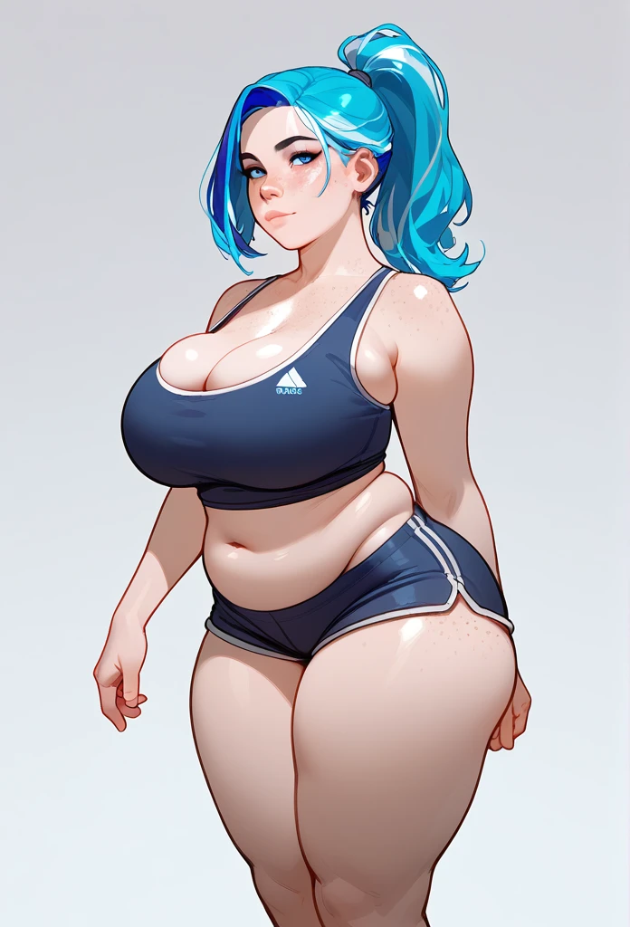 score_9,score_8_up,score_7_up,score_6_up,score_5_up,score_4_up,
 Chubby, short tight shorts, ponytail, hair with blue highlights, freckles, makeup, heavy breasts , Neckline,  thicc, Wide hip, visible curves, Big Ass,  masterpiece, Highest quality, (big Breasts)))