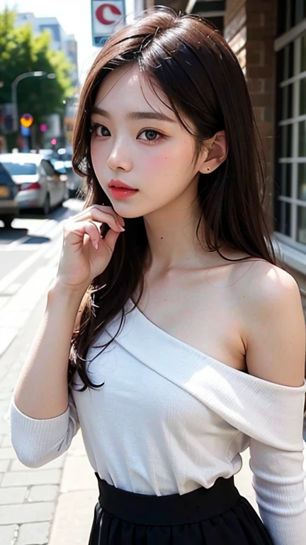 (best-quality:0.8),(best-quality:0.8), perfect anime illustration, extreme closeup portrait of a pretty girl walking through the city,(Flat Chest),Shoulders exposed skin,A beautiful girl of unparalleled beauty,Slim figure,
