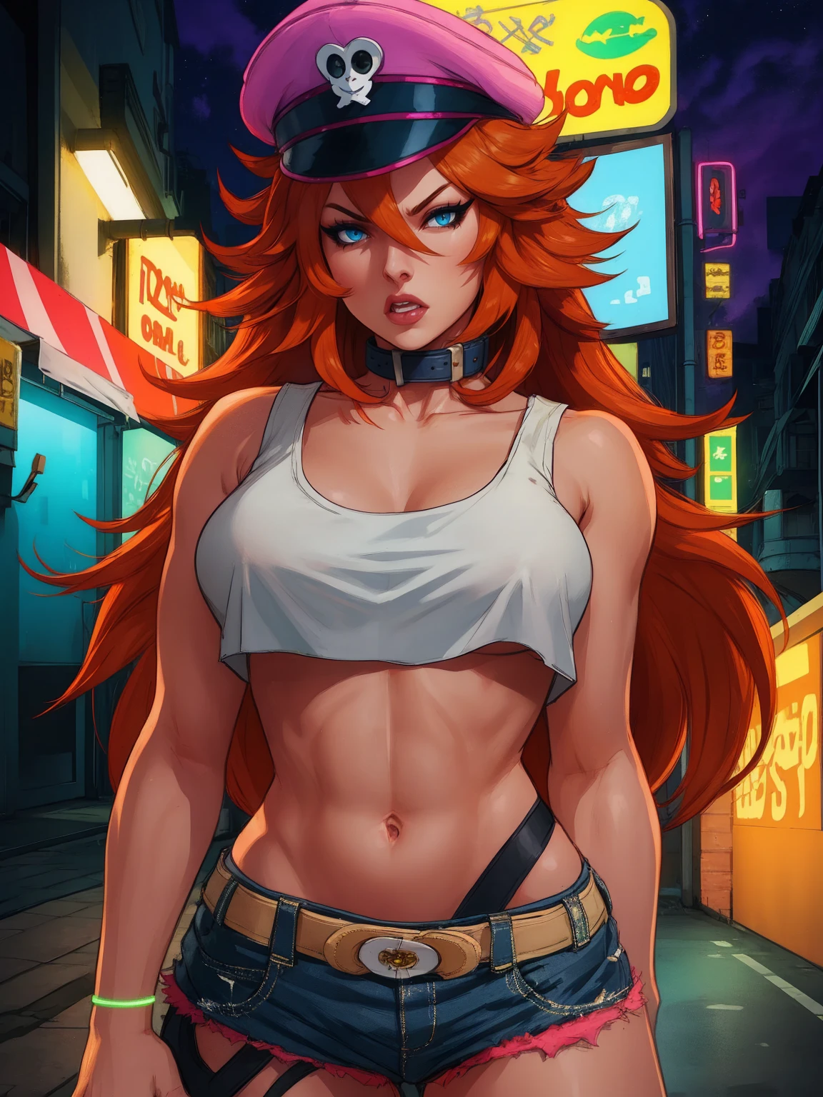 roxy,orange hair,blue eyes,long hair,white crop top,collar,short shorts, peaked cap, upper body,looking at viewer, night,neon lights,streets, (insanely detailed, masterpiece, best quality),solo, 