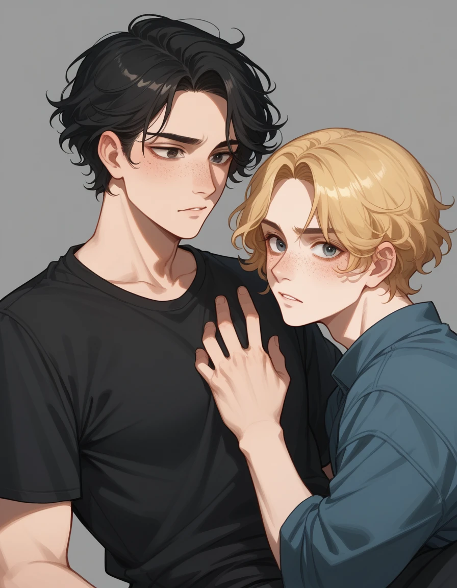 Two men(Black haired man and blonde haired man)、Details of a black-haired man(Wavy Hair、Short Hair、Center-parted bangs、Freckles)