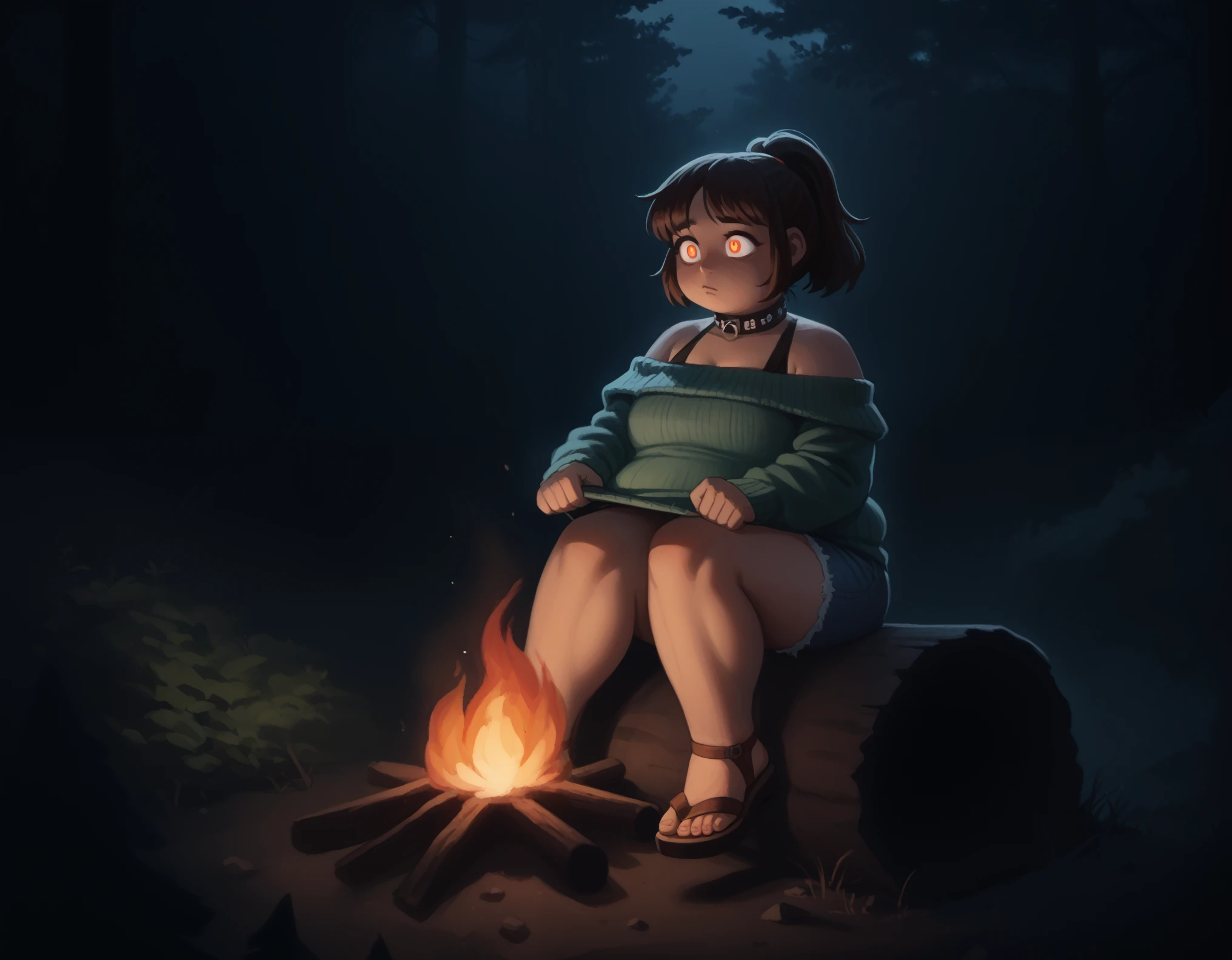 , one plump woman sitting on a stump at a campfire at night, volumetric lighting, deep dark shadows, (Dark pine forest background:1.1), she stares into the fire, (a scary figure hiding in the trees background:1.5) short denim shorts, mist in background, wearing an orange off the shoulder sweater, brown ponytail, fire reflected in her detailed eyes, SFW, masterpiece, Best Quality, High resolution, 1girl in, Details Girl, detail hands, Detail fingers, Detail Face, detail 1girl in, by lars von trier, tight sweater, sandal shoes, woman has very fat legs