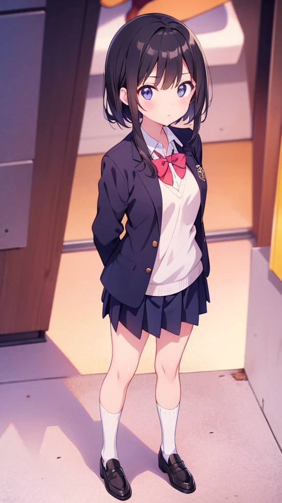 Standing with arms folded behind back、Anime girl wearing a blazer uniform, white crew socks and black loafers