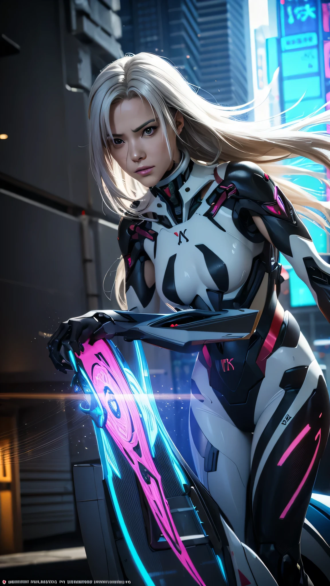 1girl, a beautiful girl cyborg cyberpunk with a cyberpunk city tall buildings, white hair, cybermask, white and orange and black machine suit color combination, the body full of machine, realistic futuristic hologram, asian skin tone, beautiful eye, beautiful asian face, cyber ear machine, suits is solid mecha, realistic machine, sci fi scape, manipulation is a masterpiece, long hair, masterpiece, suit of cyberpunk, realistic sci fi building texture mecha aestethic, digital cyberpunk, looming over a city, cyber technology, realistic hair, lots of hair, white of hair, realistic metal solid texture of building, realistic neon glow, realistic neon sign, wonderful side lighting, realistic futuristic cyberpunk building, realistic girl robot cyberpunk, fog, foogy, masterpiece of detail, RAW IMAGE, depth of field, point of interes, depth of field is masterpiece, best photography composition masterpiece, natural realistic hair, rule of third masterpiece photography, natural lighting, photography masterpiece natural lighting from side, realistic skin texture, strong reflection, ( pose pinterest) masterpiece beautiful, Devil Horns, smooth pixel, ray of light, soft light, small breasts, mastepiece of cyber mask, masterpiece fantasy gun, carry a fantasy weapon, weapon fantasy (artstation)