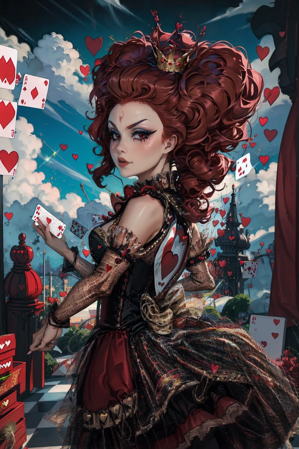 Em um luxuoso cassino, A stunning woman wears an exquisite dress adorned with heart symbols, embodying the royal presence of the Queen of Hearts. Surrounded by a backdrop of poker cards and chips, She exudes confidence and seduction, convidando os jogadores a testar sua sorte e habilidades no jogo de azar. short curly hair, cabelos vermelhos (red hair ) (queen of hearts), sorrindo, sorriso largo, angry face, backwards, looking back