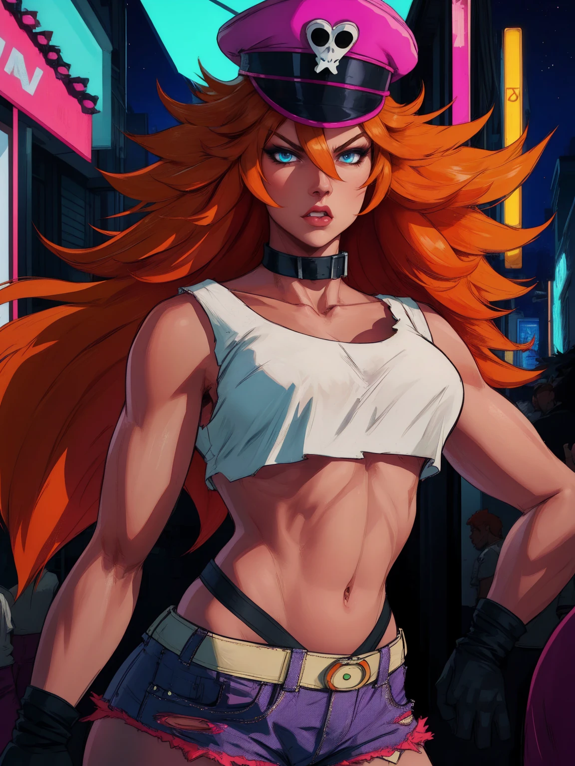 roxy,orange hair,blue eyes,long hair,white crop top,collar,short shorts, peaked cap, upper body,looking at viewer, night,neon lights,streets, (insanely detailed, masterpiece, best quality),solo,