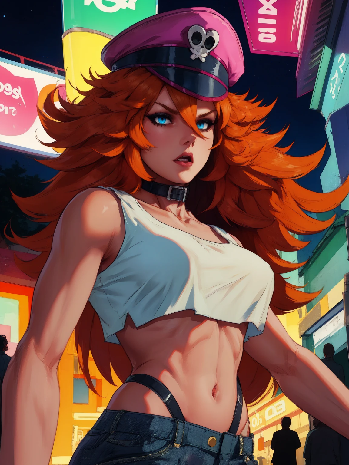 roxy,orange hair,blue eyes,long hair,white crop top,collar,short shorts, peaked cap, upper body,looking at viewer, night,neon lights,streets, (insanely detailed, masterpiece, best quality),solo,