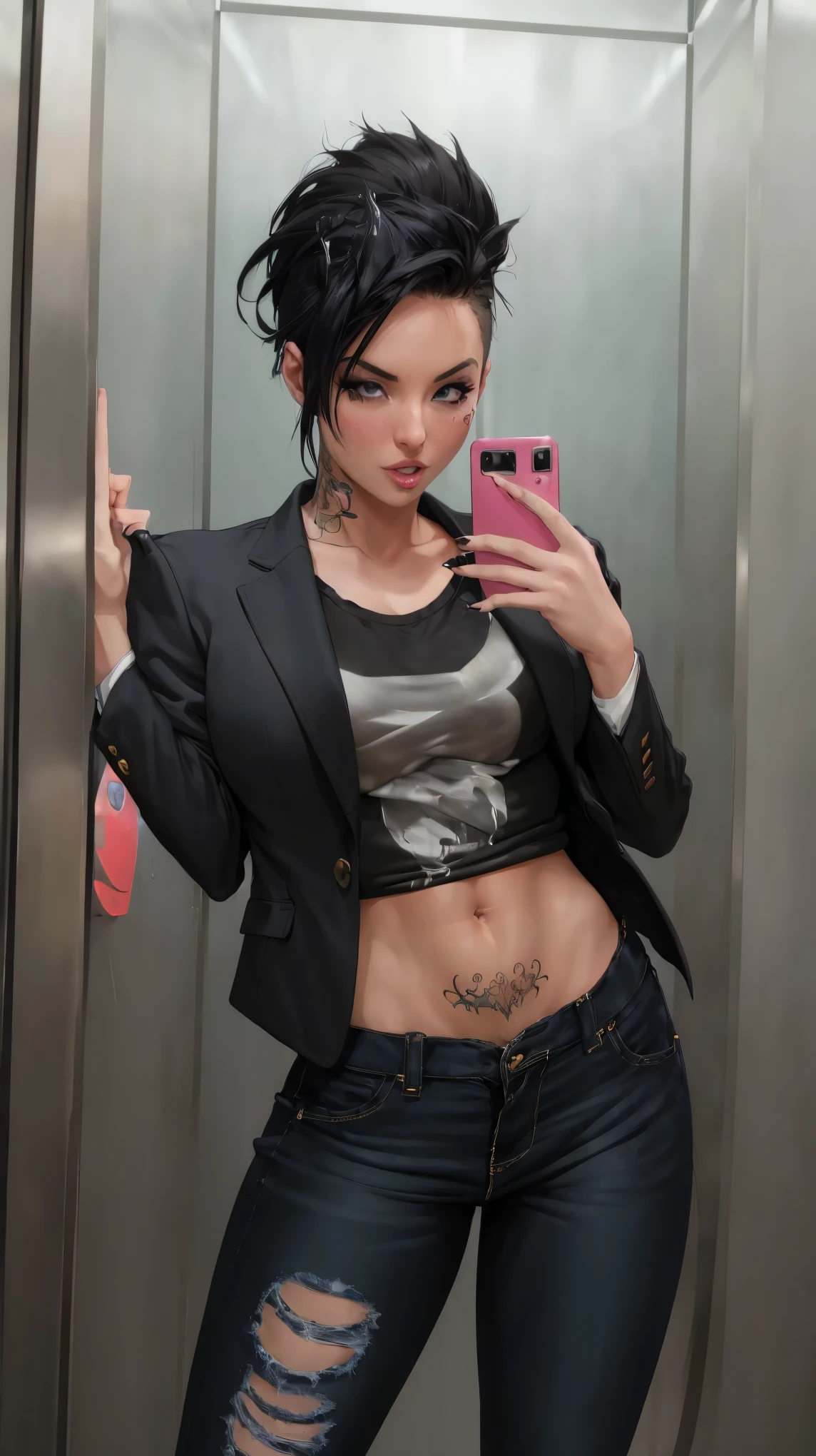 film photo ChristyMackQuiron woman, mohawk hair, black hair, realista, a woman Shot putwearing a suit jacket and jeans, suit jacket, black jacket, t shirt, tight jeans, de buen tono, 35mm photography, movie, bokeh, profesional, 4k, muy detallado, (((mirror selfie, holding phone, inside elevator, hotel elevator)))