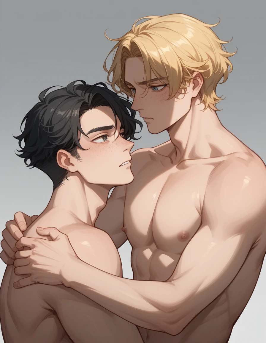 Two men(Black haired man and blonde haired man)、Details of a black-haired man(Wavy Hair、Short Hair、Center-parted bangs、Freckles)、Blonde man details(Wavy Hair、Short Hair、Scar on left eye)、Topless