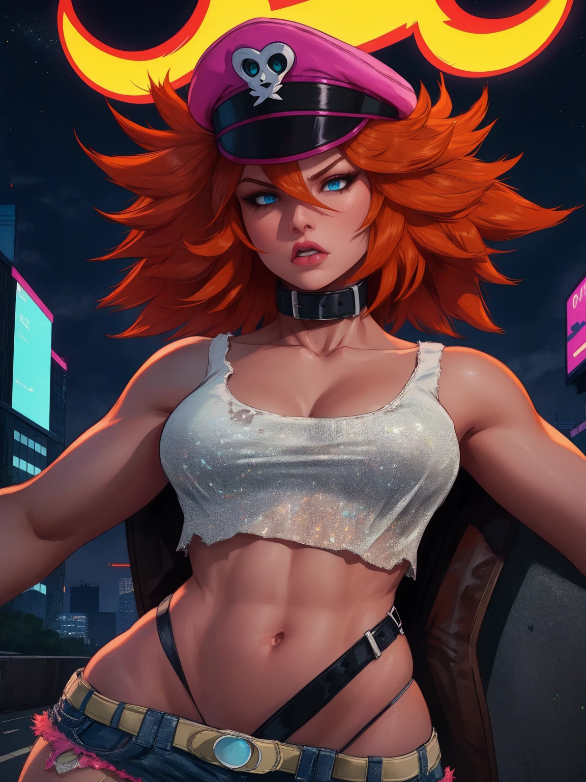 a detailed portrait of roxy, a girl with orange hair and blue eyes, wearing a white crop top, collar, and short shorts, also wearing a peaked cap, set against a night cityscape with neon lights, (insanely detailed, masterpiece, best quality), solo