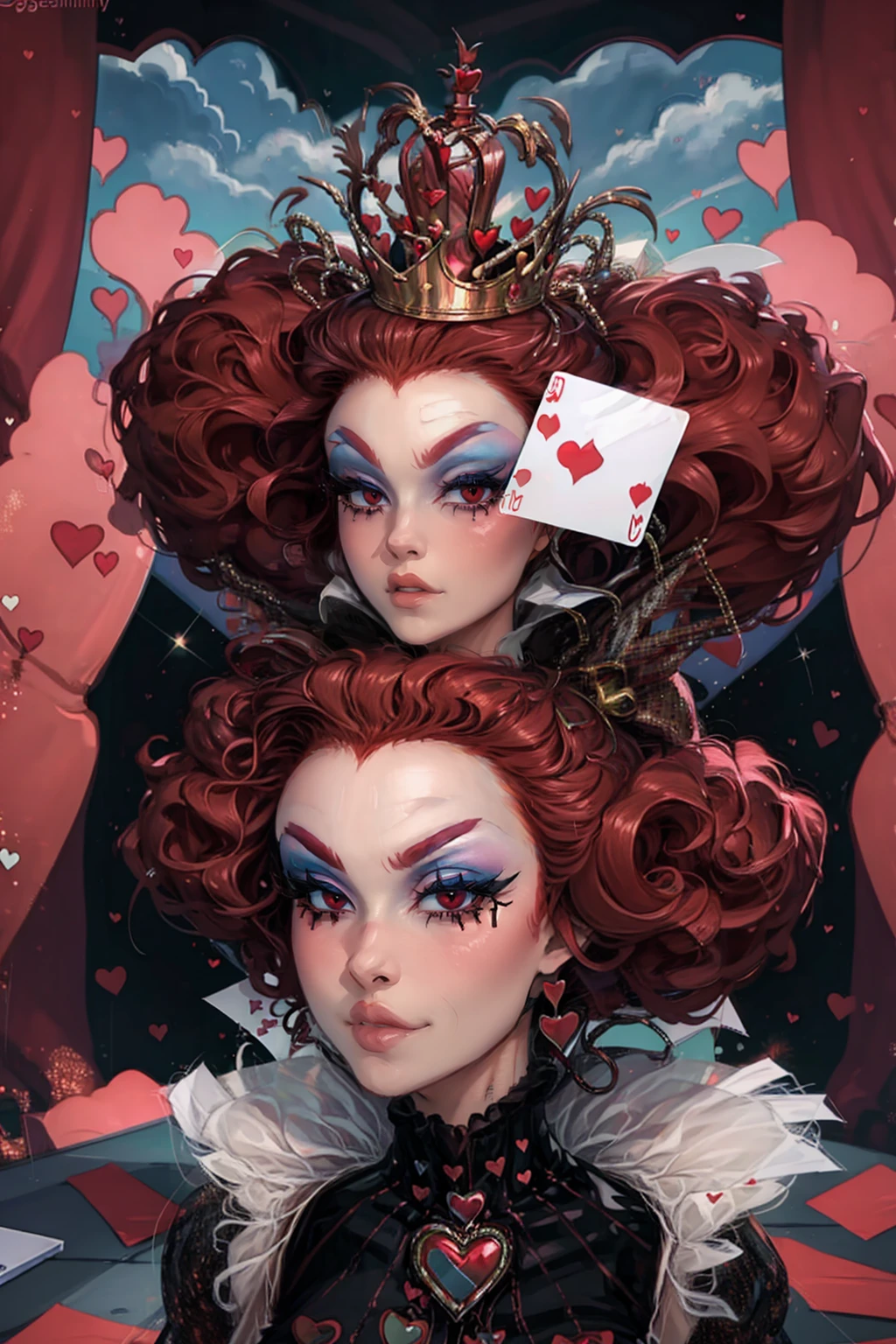 Em um luxuoso cassino, A stunning woman wears an exquisite dress adorned with heart symbols, embodying the royal presence of the Queen of Hearts. Surrounded by a backdrop of poker cards and chips, She exudes confidence and seduction, convidando os jogadores a testar sua sorte e habilidades no jogo de azar. short curly hair, cabelos vermelhos (red hair ) (queen of hearts), sorrindo, sorriso largo, angry face, upper body