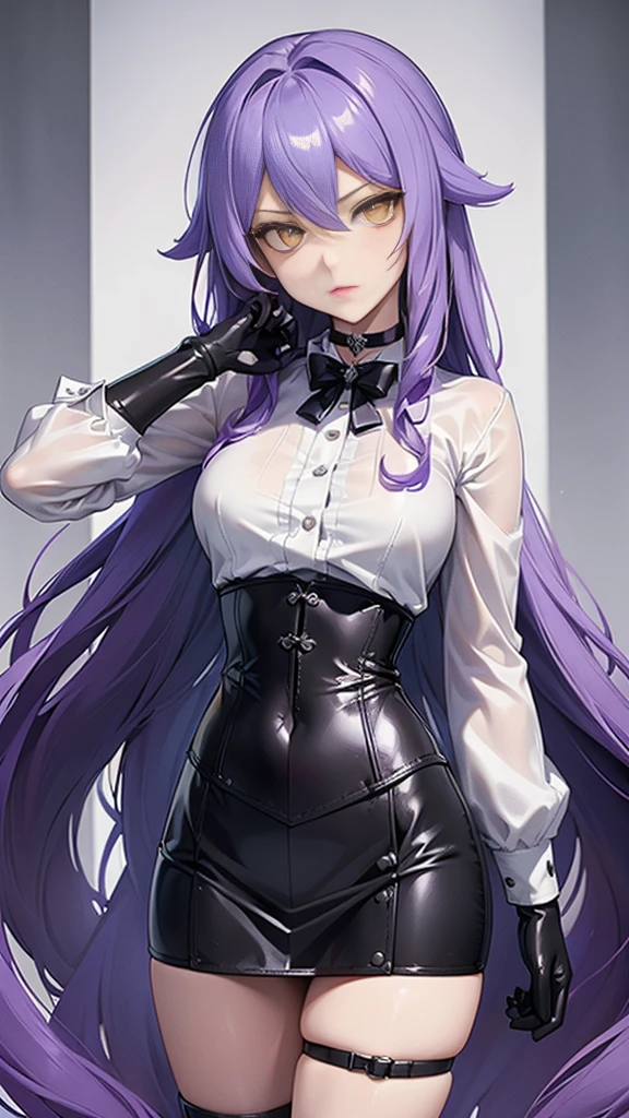 ((Masterpiece)),(( The best quality)), (detailed), expressive eyes, (Perfect face), 1 girl, (standing), (Sirin, Honkai Impact), (long purple hair), (Yellow eyes, detailed eyes), (sensual lips), (serious expression), (slim build), View from the front, choker:1.6, (White collar button-down shirt with white long sleeves), Black gloves, gloves that cover the hands, (black leather corset), (shiny black miniskirt), (black boots), (mansion), night