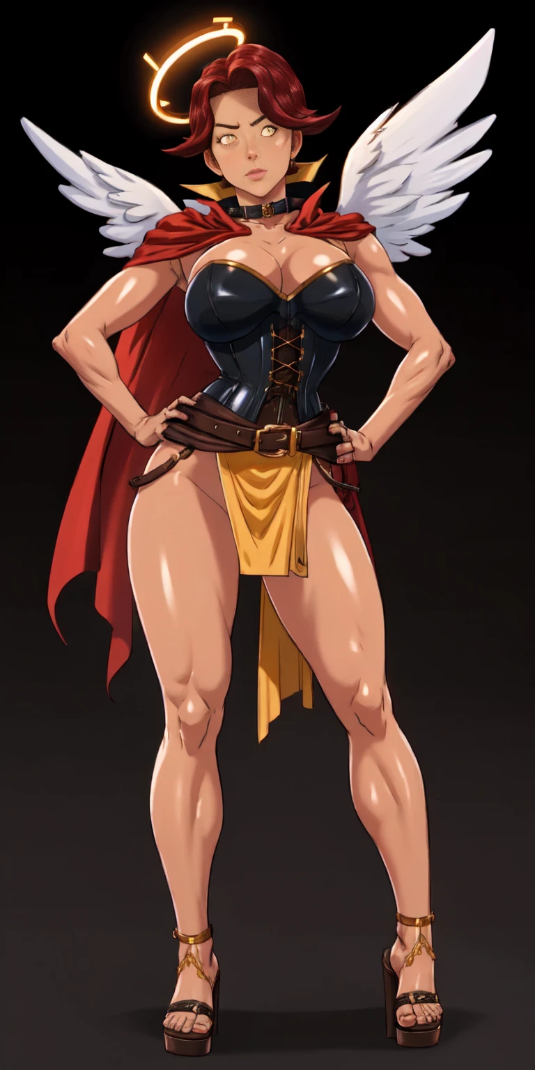 (Black background) paladin lady in ornate golden armor, black collar, pauldrons, breastplate, leather corset, glowing halo, short bob hair style, yellow glowing eyes, bright pupils, eye focus, red cape (full body, whole body, 1solo girl) fighter, loincloth standing, hands on hips, metal sandals, leather choker, big belt, view from below, feet together, bracers, tiara, feathers angel wings