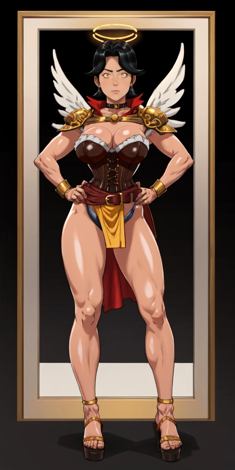 (Black background) paladin lady in ornate golden armor, black collar, pauldrons, breastplate, leather corset, glowing halo, short bob hair style, yellow glowing eyes, bright pupils, eye focus, red cape (full body, whole body, 1solo girl) fighter, loincloth standing, hands on hips, metal sandals, leather choker, big belt, view from below, feet together, bracers, tiara, feathers angel wings