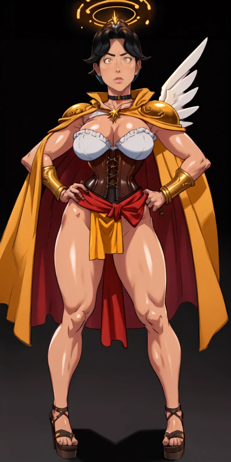 (Black background) paladin lady in ornate golden armor, black collar, pauldrons, breastplate, leather corset, glowing halo, short bob hair style, yellow glowing eyes, bright pupils, eye focus, red cape (full body, whole body, 1solo girl) fighter, loincloth standing, hands on hips, metal sandals, leather choker, big belt, view from below, feet together, bracers, tiara, feathers angel wings