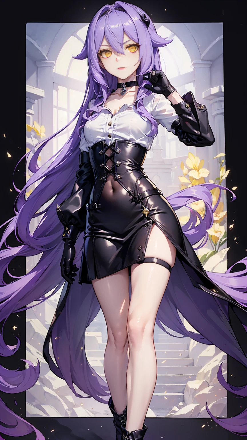 ((Masterpiece)),(( The best quality)), (detailed), expressive eyes, (Perfect face), 1 girl, (standing), (Sirin, Honkai Impact), (long purple hair), (Yellow eyes, detailed eyes), (sensual lips), (serious expression), (slim build), View from the front, choker:1.6, (White collar button-down shirt with white long sleeves), Black gloves, gloves that cover the hands, (black leather corset), (shiny black miniskirt), (black boots), (mansion), night