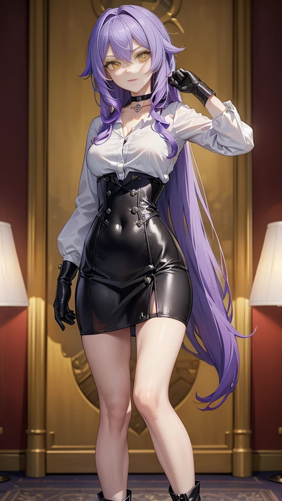 ((Masterpiece)),(( The best quality)), (detailed), expressive eyes, (Perfect face), 1 girl, (standing), (Sirin, Honkai Impact), (long purple hair), (Yellow eyes, detailed eyes), (sensual lips), (serious expression), (slim build), View from the front, choker:1.6, (White collar button-down shirt with white long sleeves), Black gloves, gloves that cover the hands, (black leather corset), (shiny black miniskirt), (black boots), (elegant mansion), by day