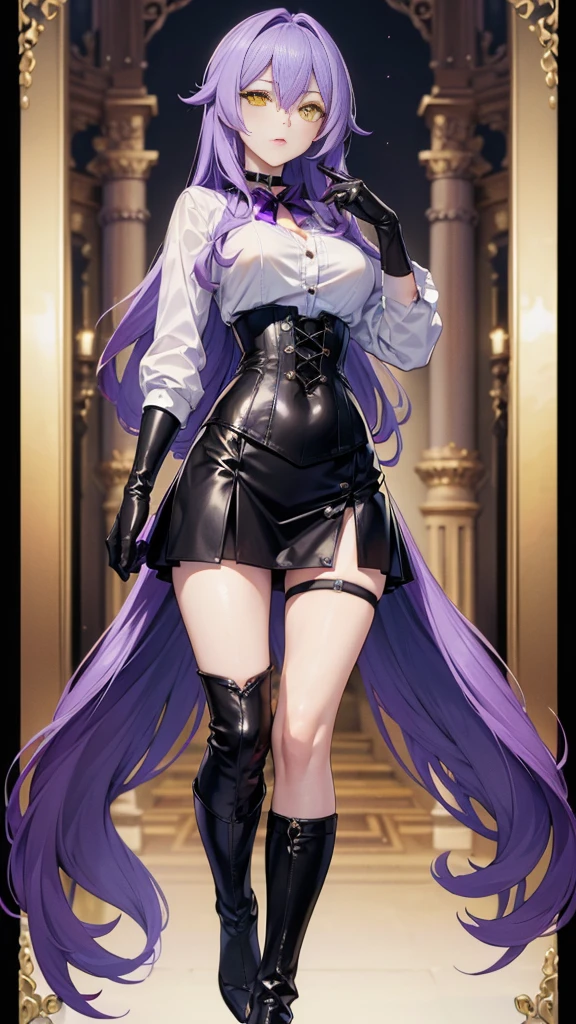 ((Masterpiece)),(( The best quality)), (detailed), expressive eyes, (Perfect face), 1 girl, (standing), (Sirin, Honkai Impact), (long purple hair), (Yellow eyes, detailed eyes), (sensual lips), (serious expression), (slim build), View from the front, choker:1.6, (White collar button-down shirt with white long sleeves), Black gloves, gloves that cover the hands, (black leather corset), (shiny black miniskirt), (black boots), (elegant mansion), by day