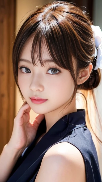 masterpiece、1 beautiful girl、A detailed eye、Puffy eyes、top-quality, 超A high resolution, (Realisticity: 1.4), OriginalPhotographs,cinematlic lighting、japanes、Super beauty、Beautiful skin、A slender、(A hyper-realistic)、(hight resolution)、(8K)、(ighly detailed)、(beautifully detailed eyes)、(ultra-detailliert)、(A detailed face)、looking at viewert、Very smiling、Facing straight ahead、Black colored eyes、The body is facing forward、short-cut、Wearing a light blue dress、momogirl , huge shy smile , random cute pose , Puff out your cheeks and get angry , Detailed skin:1.4