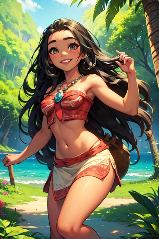 Smiling cheerful Disney's Moana with very long down loose hair down to her hips in the forest 