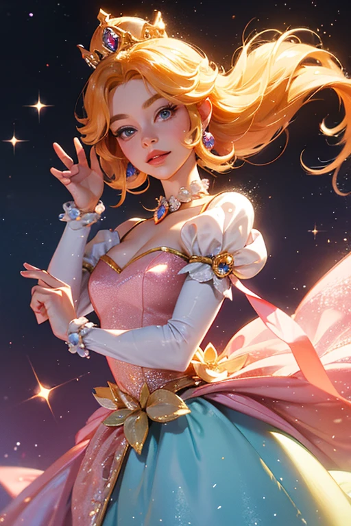 80-year-old woman dressed in pink and yellow Disney-style fairy godmother costume. Grande y voluminoso. Fondo anochecer con brillantes estrellas. Vivos colores. Pintura digital