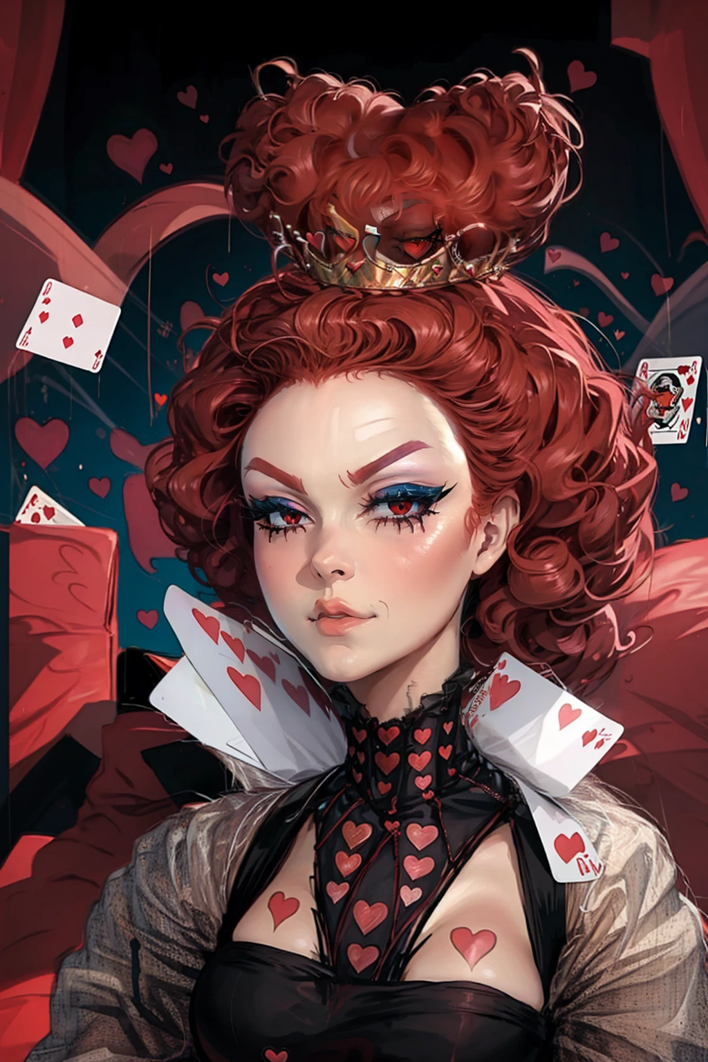 Em um luxuoso cassino, A stunning woman wears an exquisite dress adorned with heart symbols, embodying the royal presence of the Queen of Hearts. Surrounded by a backdrop of poker cards and chips, She exudes confidence and seduction, convidando os jogadores a testar sua sorte e habilidades no jogo de azar. short curly hair, cabelos vermelhos (red hair ) (queen of hearts), sorrindo, sorriso largo, angry face, upper body