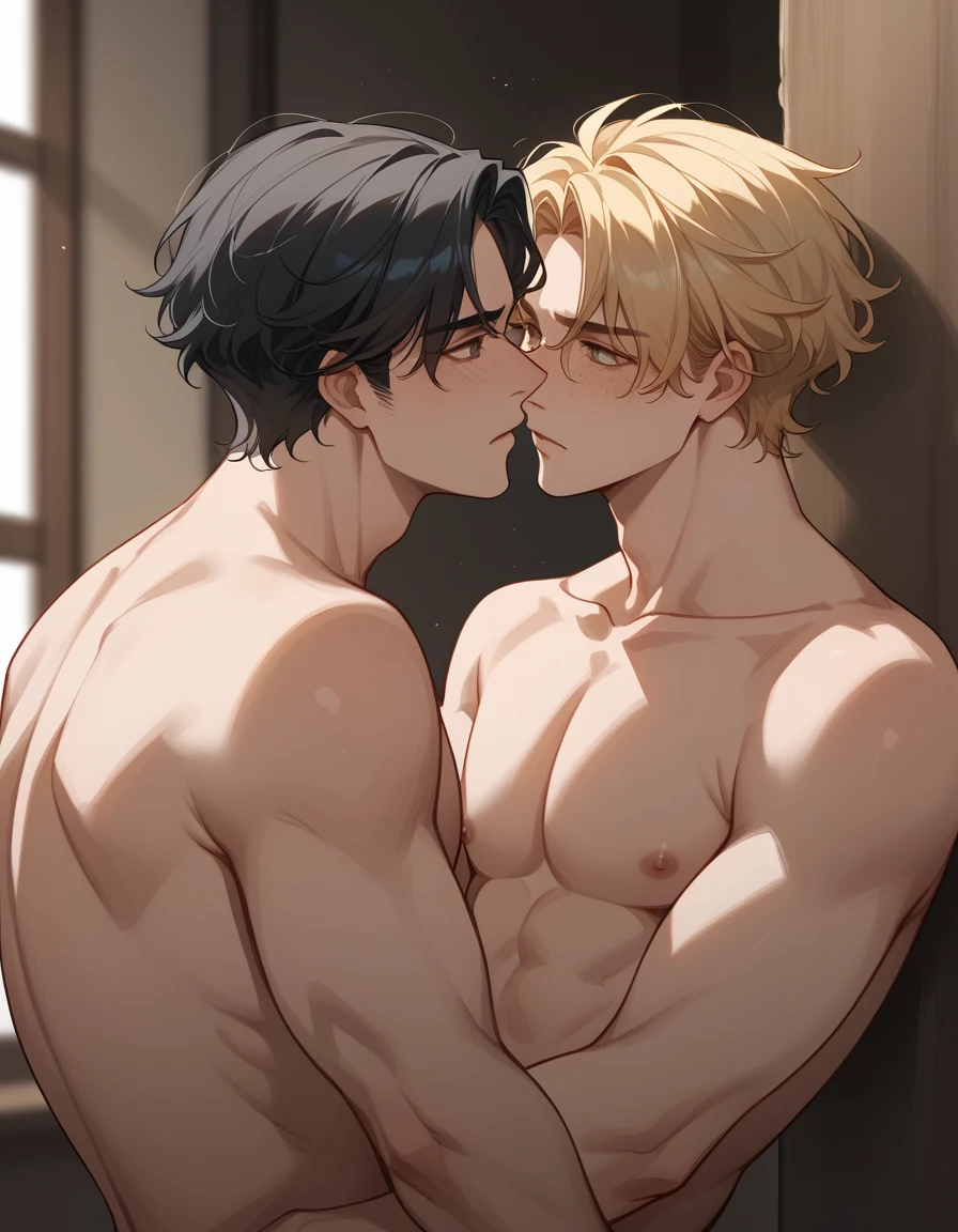 Two men(Black haired man and blonde haired man)、Details of a black-haired man(Wavy Hair、Short Hair、Center-parted bangs、Freckles、Topless)、Blonde man details(Scar on left eye、Wavy Hair、Short Hair)