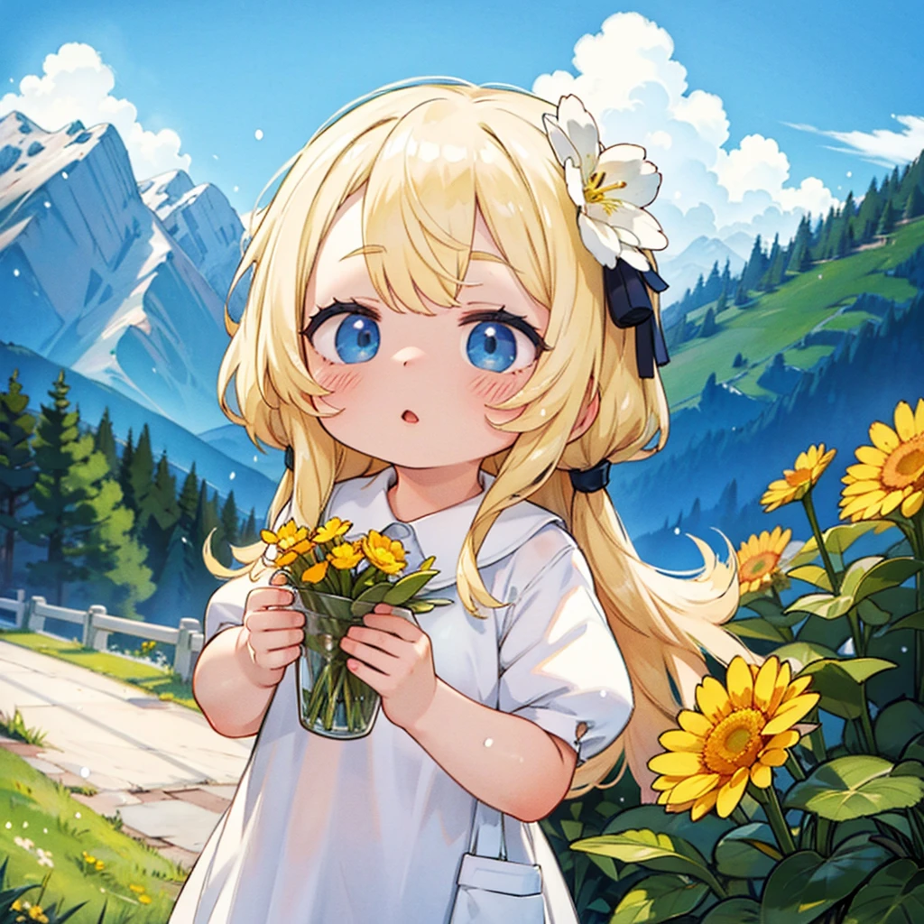 Beautiful blonde woman, flower, Snow Capped Mountain々, summer