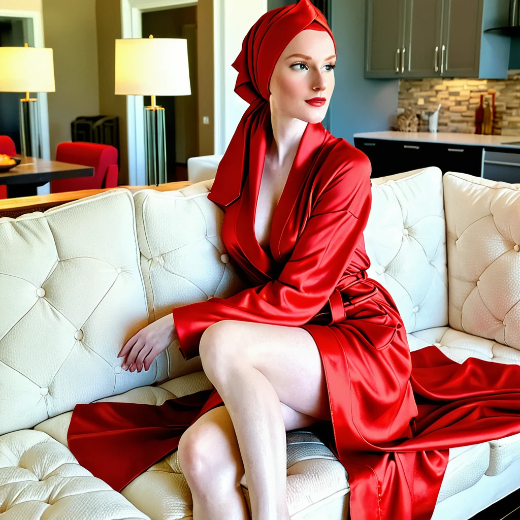 Redhead Caucasian Female, exhibitionist in hijab, Age 24, Alone, pale skin, Realistic, sitting sideways, crossing legs, wearing long red bathrobe with cut, shows legs, Stilettos, Sitting crossed legs on Sofa, looks away, Beautiful, Confident. Full Body. Side View.1girl, High Resolution, From Side.