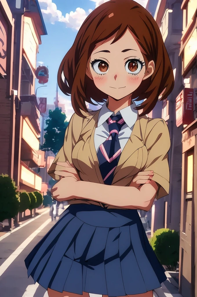 Anime girl in skirt and tie posing on a city street, a hyperrealistic schoolgirl, seductive anime girl, hyperrealistic schoolgirl, realistic schoolgirl, beautiful high school anime girl, 4k manga wallpaper, Makoto Shinkai and Artgerm, Ilya Kuvshinov. 4k, digital anime art, detailed digital anime art, anime style 4k