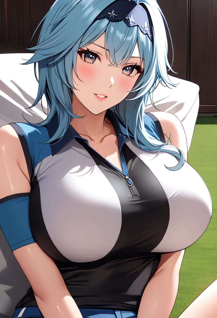 (Masterpiece), (detailed anime style), (super detailed), (perfect work), (4k), eula, lovely, Madura, sexy tight golfer clothing, Big breasts, I will trace the great, modeling, 