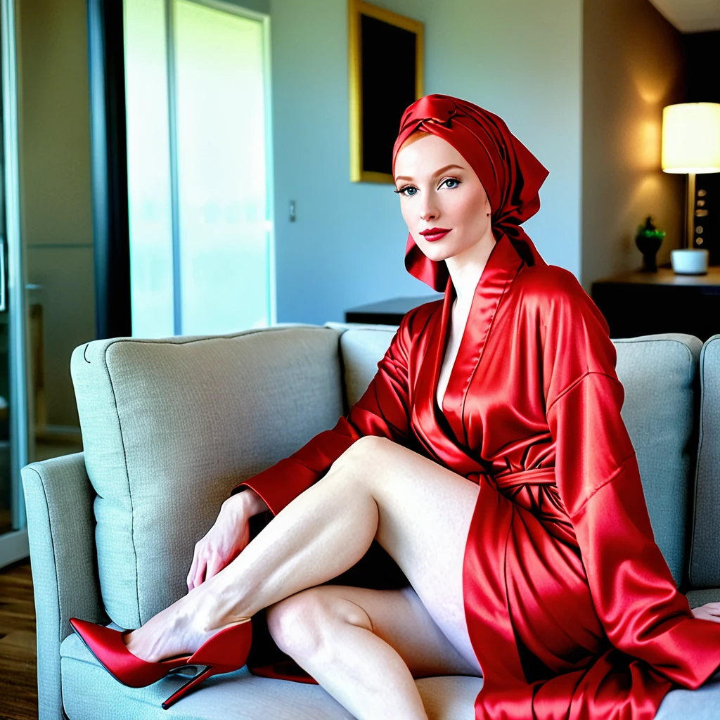 Redhead Caucasian Female, exhibitionist in hijab, Age 24, Alone, pale skin, Realistic, sitting sideways, crossing legs, wearing long red bathrobe with cut, shows legs, Stilettos, Sitting crossed legs on Sofa, looks away, Beautiful, Confident. Full Body. Side View.1girl, High Resolution, From Side.