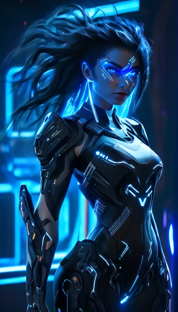 A woman wearing exoskeleton cyber armor, The armor fits snugly、(((She has a plasma gun in her hand))), Full body photo, Maximum details, Superior quality through precise drawings, 8k,chest, blue eyes,  High resolution, 超High resolution, Best Quality, Shortcuts, Big chest, Cinematic Lighting Effects, Futuristic beautiful black hair woman, Shining blue eyes, Cyberpunk style woman, ((High tech spaceship interior with blue light illumination)), High-quality images、Black Hair, Shortcuts, 