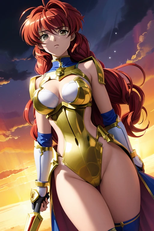 Ultra-high saturation (Gemini Armor) full body photo, (Best quality,（1 ribbon)，big , Using shining golden armor，Sexy bikini armor，Exposed your chest，Exposed at the waist，exposing thighs，Cool-pose， Saint Seiya Armor， hair messy，high detail, anime style, Cinematic lighting, brilliance, god light, Traching de raias, filmgrain, hiper HD, texture, super detailed, correct anatomy, A high resolution，Ultra-high saturation，high contrast，High brilliance armor，First shepherd，serious expressions６Twin roll hair red、Petite、beautiful girl、