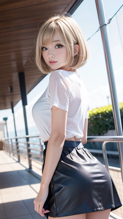 highest quality、4K quality、Beautiful cleavage、Beautiful Style、tall、Small breasts、Bare buttocks、Small Ass、Shy face、20 year old blonde boyish、Bare shoulders、My skirt is blown up by the wind、ultra detail eye,、casual dresy whole body is wet、Small face、Soft skin quality、ride a bicycle、Shooting from behind