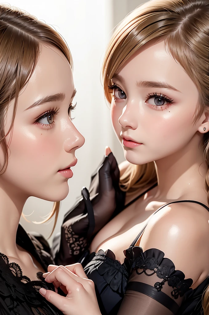  (2 beautiful mini girls:1.2), one on the left, the other on the right, facing each other, face waiting for kiss, ((Highest quality)), ((masterpiece)), (detailed), (french braid blonde), romantic low bun, elbow gloves, (Gothic and ****ta:1.1), small breasts, happy, (Blushed:1.3), shame, Confused expression, Big earrings, Shiny skin, Thin eyebrows, face close up, from avobe