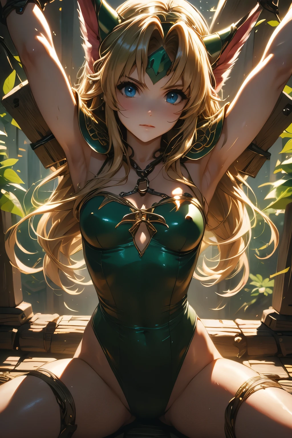 （（（ＳＦＷ、sound、Highest quality、first-clasasterpiece、Normal body、8k、Detailed face、Ultra-precision、Normal hand、Normal finger、５finger、Highest）））、Secret of Mana 3、lease、Blonde、Long Hair、Straight Hair、Hair ribbon、Torn Green Leotard、Torn slit skirt、defeat、Constraints、Bondage、CrossBondage、ChainBondage、Open your arms and bind、Spread your legs and bind、blush、prison、Imprisonment、Tentacles wrap around、Tentacles entangled、Tentacles invade the leotard