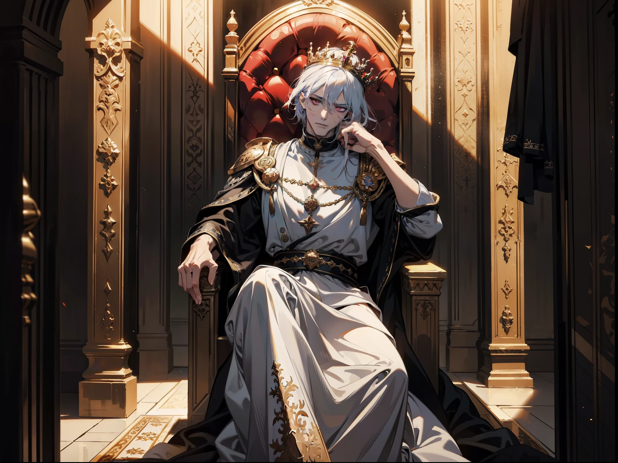 white hair, The purple-eyed king sits on a majestic throne in an abandoned palace with a crown on his head.. The environment around him was dark and gloomy., There is a knight in black at the back.. The throne is luxurious., With details of gold and precious gems, And covered with a dusty cloth.. The hero wears royal court clothing., With a determined look on his face, As he looked at the horizon with his glowing red eyes,, Masterpiece, Best quality, Special details, illustration, 8K concept art, Fantasy art, Epic Art, 4K concept art wallpaper, dark color, Natural light. adult, handsome, Tall, muscular man, Broad shoulders