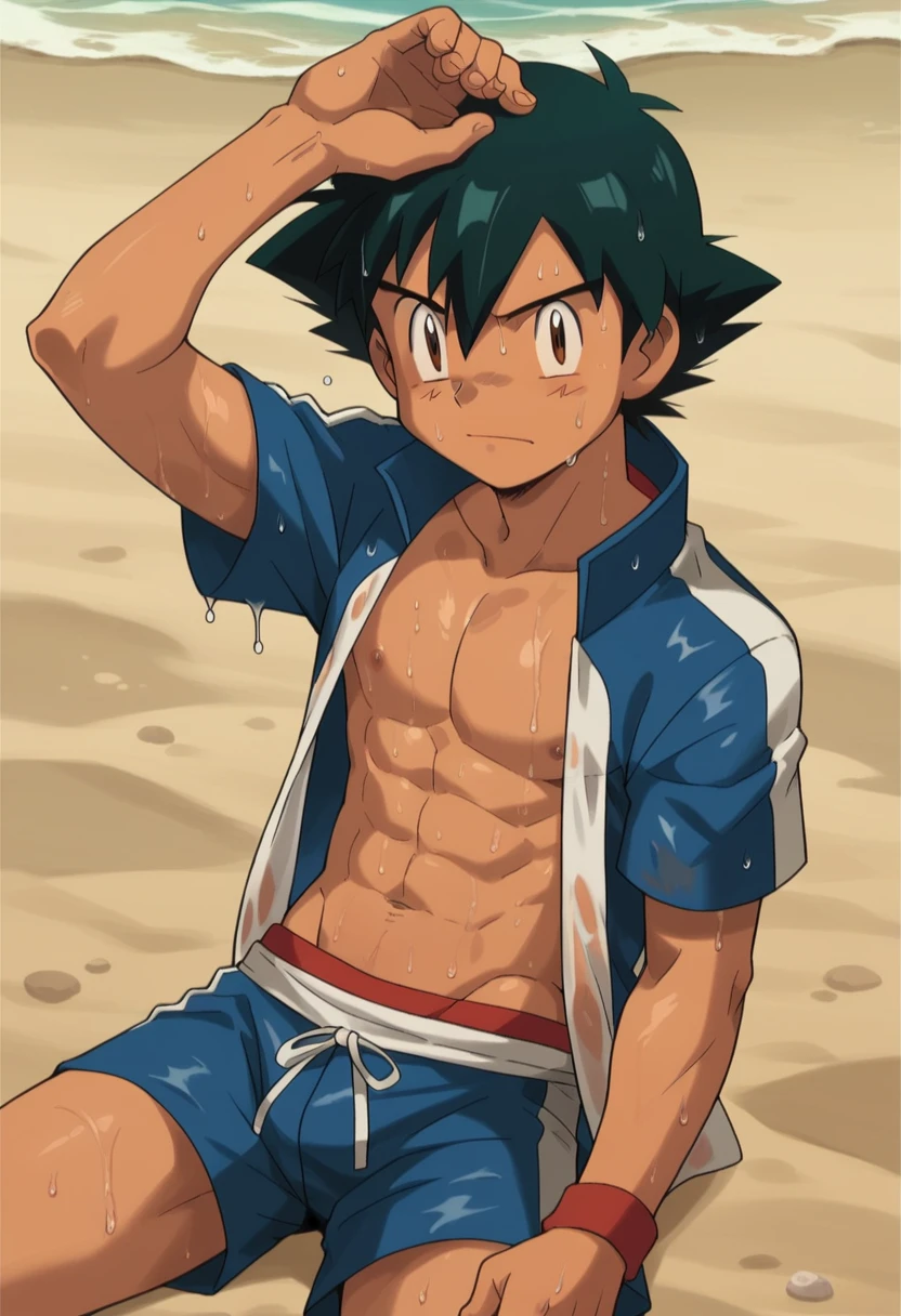 1boy, 1solo, ash ketchum, black hair, brown eyes, hair between eyes, ash ketchum, on beach, open shirt, short sleeves, shirtless, male swimwear, wet hair, wet skin, sweat skin, handsome boy, macho, good looking boy, sexy poses