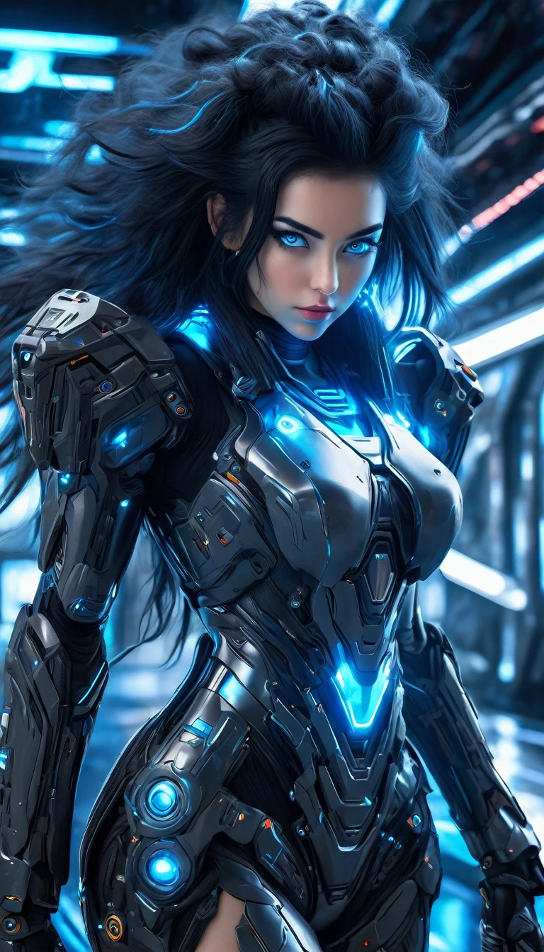 A woman wearing exoskeleton cyber armor, The armor fits snugly、(((She has a plasma gun in her hand))), Full body photo, Maximum details, Superior quality through precise drawings, 8k,chest, blue eyes,  High resolution, 超High resolution, Best Quality, Shortcuts, Big chest, Cinematic Lighting Effects, Futuristic beautiful black hair woman, Shining blue eyes, Cyberpunk style woman, ((High tech spaceship interior with blue light illumination)), High-quality images、Black Hair, Shortcuts, 