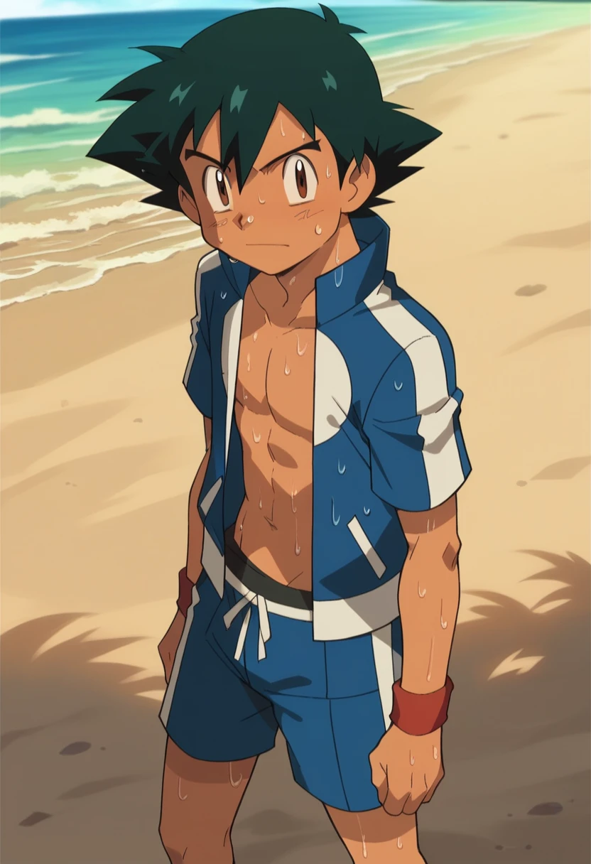 Prompt: 1boy, 1solo, ash ketchum, black hair, brown eyes, hair between eyes, ash ketchum, on beach, open hoodie jacket, short sleeves, shirtless, male swimwear, wet hair, wet skin, sweat skin, handsome boy, macho, good looking boy, sexy poses