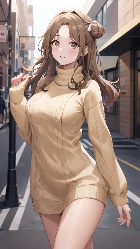 masterpiece, best quality, highres, hmhinana, long hair, single side bun, hair ribbon, cowboy shot, walking, street, turtleneck, virgin killer sweater, ribbed sweater, long sleeves,