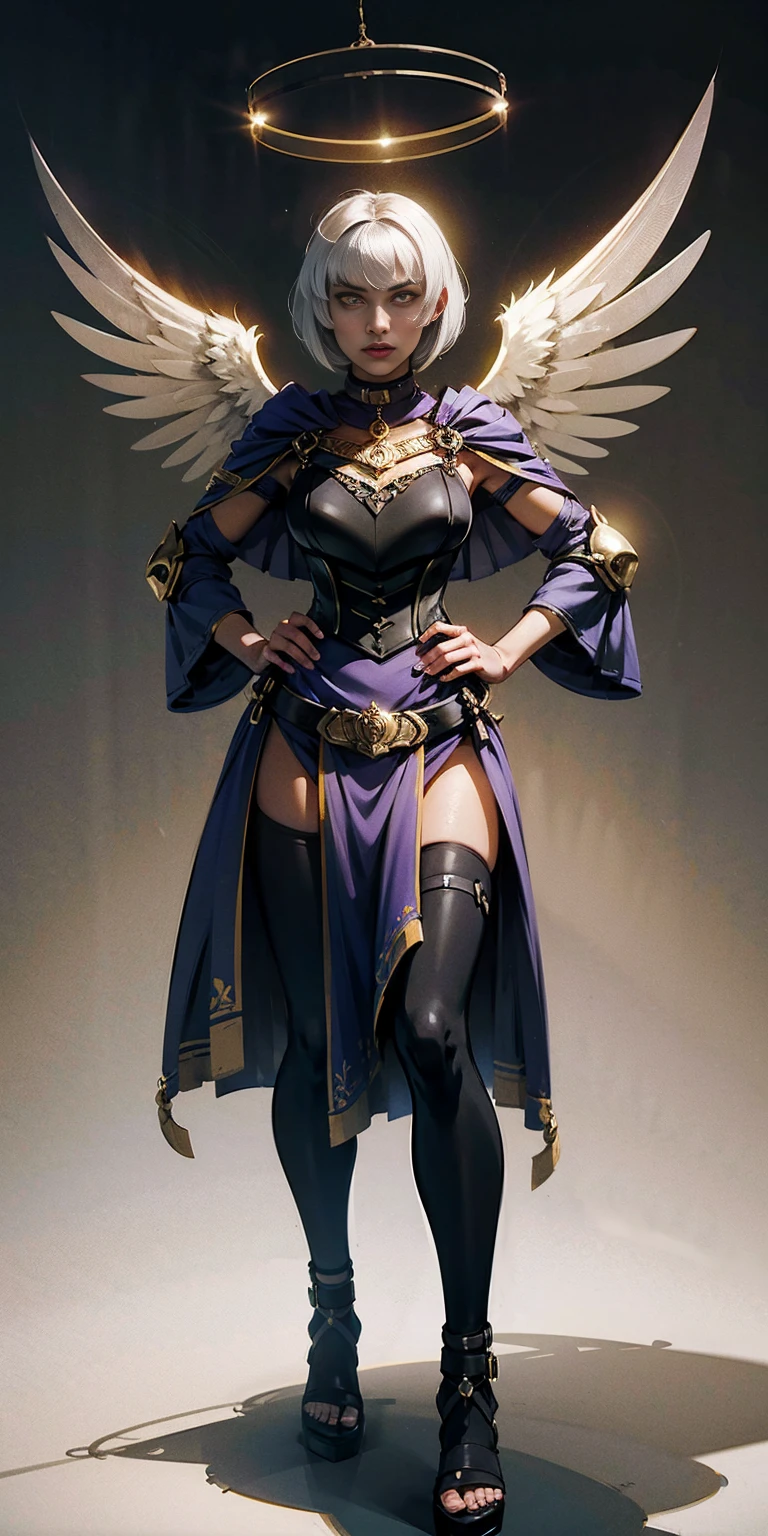 (Black background) paladin lady in ornate golden armor, black collar, pauldrons, breastplate, leather corset, glowing halo, short bob hair style, yellow glowing eyes, bright pupils, eye focus, red cape (full body, whole body, 1solo girl) slave fighter, loincloth standing, hands on hips, metal sandals, leather choker, big belt, view from below, feet together, bracers, tiara) feathers angel wings