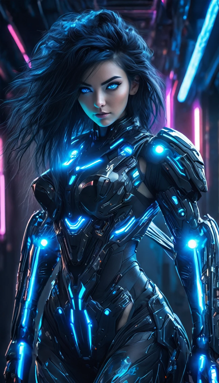 A woman wearing exoskeleton cyber armor, The armor fits snugly、(((She has a plasma gun in her hand))), Full body photo, Maximum details, Superior quality through precise drawings, 8k,chest, blue eyes,  High resolution, 超High resolution, Best Quality, Shortcuts, Big chest, Cinematic Lighting Effects, Futuristic beautiful black hair woman, Shining blue eyes, Cyberpunk style woman, ((High tech spaceship interior with blue light illumination)), High-quality images、Black Hair, Shortcuts, 