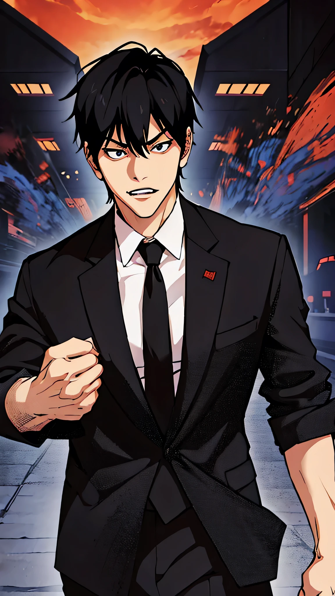 fushiguro toji, 1male, solo, evil face, black suit, black shirt, black necktie,