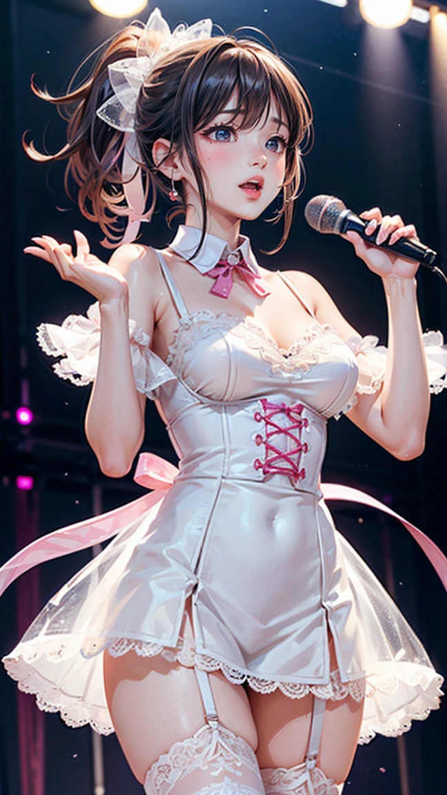 Adult women、The exact number of fingers、The exact number of legs、Exact number of arms、bangs, Ribbon Ponytail, Brown Hair, (:1), (Put one hand in:1.8), Fingering, (Cat juice:1.2), mouth, (A woman with a microphone preparing to sing:1.5)、White and navy idol costume、This outfit includes a navy blue Icon Style corset., The costume has a ribbon on the collar..、Clothing covers the shoulders, both sides, upper arm, arms., This costume only has an open chest..、Boots、White idol-style skirt, (Delicate and luxurious decorative lingerie:1.3), Ribbon on neckline, (White and pink with lots of lace:1.3), White lace:1.2), Sexy Lingerie, High Leg Raise、 Beautiful big breasts, (Stand upright:1), Her skirt is rolled up、Best Quality, High resolution, (Delicate and beautiful eyes:1.6), The face is richly detailed, Perfect lighting, Highly detailed CG, (Perfect hands, Perfect Anatomy),Embarrassed expression、An expression that says you don&#39;t want to go to the toilet, (Sexual pleasure expression:1.4), (Expression of pain:1.2)、Close your eyes、Sexy Appearance、look up、mouthが半分開いている、、(Live Stage、Many viewers:1.3)、whole body，Precision human body、Knowledgeable、The correct five fingers、 (Sweat dripping、Oily skin,Sparkling肌、Realistic Skin Textures、Delicate and beautiful skin、Glowing Skin、Glowing Skin) (Great students, Perfect Eyes:1.2), (Reflexive、Wrinkles、Shiny clothes:1.2), Sparkling, Sparklingした金色, (Hoop Earrings), necklace, Attractive and perfect female figure, attractive smile, Fine surface texture, 